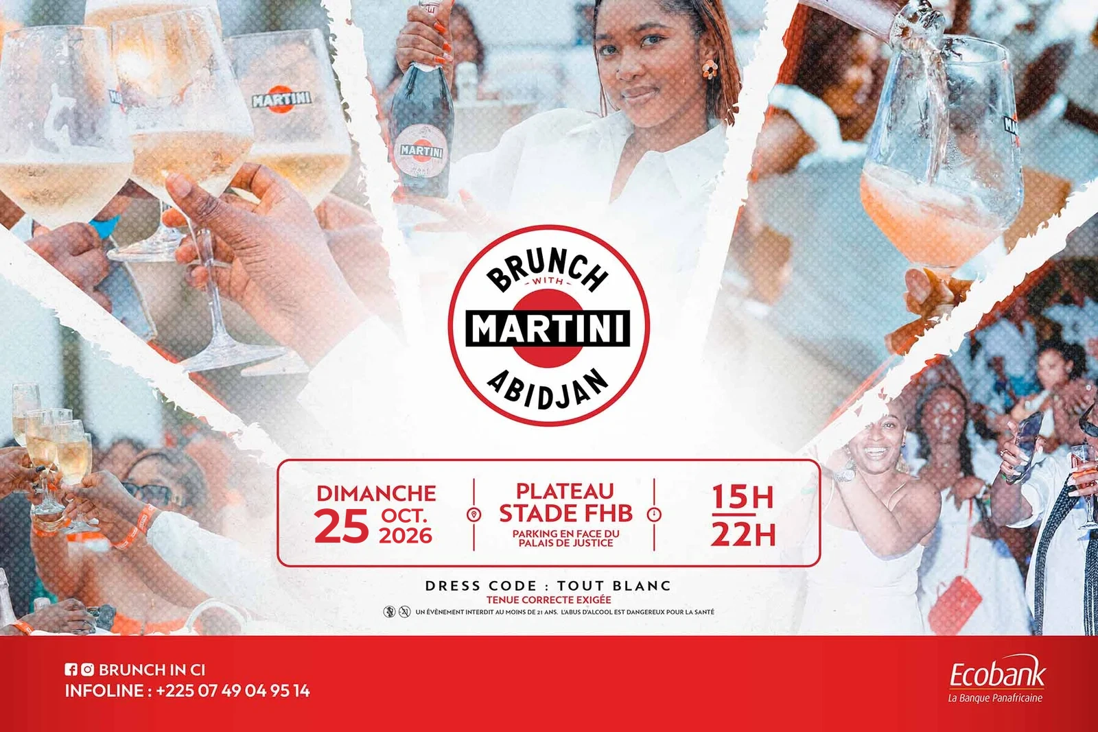Brunch With Martini Abidjan – Dimanche 25 octobre 2026, Plateau Stade FHB, 15h–22h, dress code tout blanc
